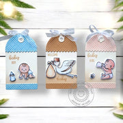Sunny Studio Girl & Boy Babies with Stork Carrying Bundle Gift Tags Set using Background Basics 2 Mesh 6x6 Clear Craft Stamps