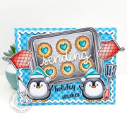 Sunny Studio "Sending Holiday Wishes" Penguins Baking Cookies Blue Gingham Card using Penguin Pair 3x4 Clear Craft Stamps