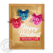 Sunny Studio Hanging Ornaments & Bows Kraft Handmade Holiday Christmas Card using Bells & Baubles Clear Layering Craft Stamps