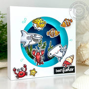 Sunny Studio Shark, Lobster, Crab, and Fish Punny Handmade DIY Ocean Shadow Box Card using Best Fishes 4x6 Clear Craft Stamps