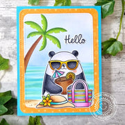 Sunny Studio Panda Bear with Beach Bag, Hat, Drink & Palm Tree Handmade DIY Hello Card using Big Panda 4x6 Clear Craft Stamps