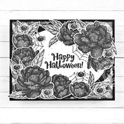 Sunny Studio Black Rose & Spider Webs B&W Monochromatic DIY Halloween Card using Pink Peonies Floral Flower Clear Craft Stamp