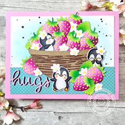 Sunny Studio Stamps Penguins in Strawberries Strawberry Basket Handmade Hugs Card using Build-a-Bowl Metal Cutting Craft Dies