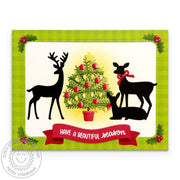 Sunny Studio Deer & Glowing Christmas Tree Holly Christmas Card using Build-a-greeting Holidays Clear Sentiment Craft Stamps