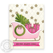 Sunny Studio Pink & Gold Gifts in Sleigh Holiday Christmas Card using Build-a-Greeting Holidays Clear Sentiment Craft Stamps