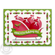 Sunny Studio Green Holly & Berries Red Sleigh DIY Christmas Card using Build-a-Greeting Holidays Clear Sentiment Craft Stamps