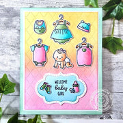 Sunny Studio Baby Girl with Hanging Clothes Quilted Handmade Card using Bundle of Joy DIY Clear Craft Stamps & Metal Dies