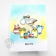 Sunny Studio Hello Little One Stork with Babies Clothes Handmade Baby Boy & Girl Cards using Bundle of Joy Clear Craft Stamps