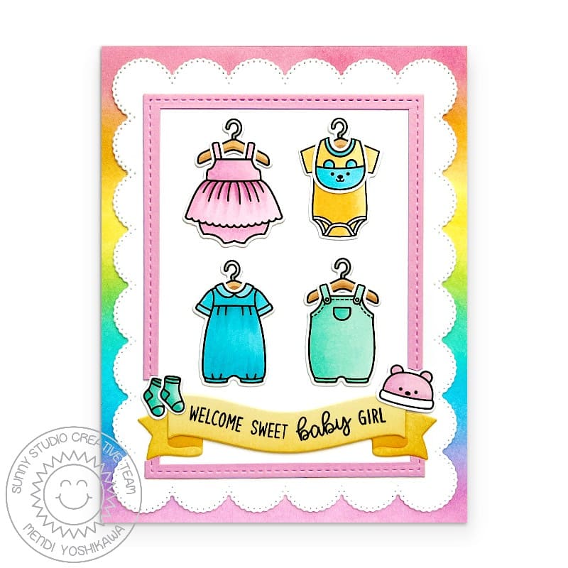 Sunny Studio Welcome Sweet Baby Girl Clothes & Onesie on Hangers Pastel Rainbow Card using Bundle of Joy Clear Craft Stamps