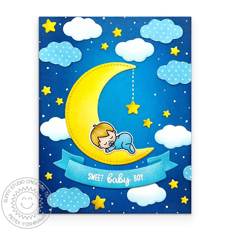 Sunny Studio Sweet Baby Boy Sleeping in Moon with Polka-dot Clouds & Stars Card using Bundle of Joy 4x6 Clear Craft Stamps