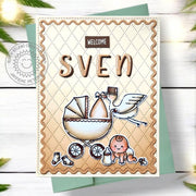 Sunny Studio Stamps Bundle of Joy Stork & Carriage Personalized Baby Boy Card using Icing Rectangle Frame Metal Craft Dies