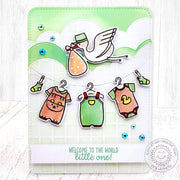 Sunny Studio Stork Flying over Clothesline & Baby Clothes Mint Green Handmade Card using Bundle of Joy DIY Clear Craft Stamps