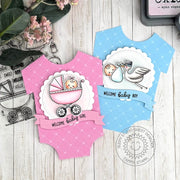 Sunny Studio Stork & Carriage with Babies Onesie Shaped Handmade Baby Boy & Girl Cards using Bundle of Joy Clear Craft Stamps