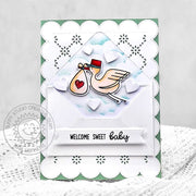 Sunny Studio Flying Stork Welcome Sweet Baby Card using Bundle of Joy Stamps & Gift Card Envelope Metal Cutting Craft Dies