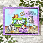 Sunny Studio Cat Sleeping on Sofa & Playing in Living Room Punny Handmade DIY Card using Cat Antics 4x6 Clear Craft Stamps