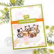 Sunny Studio Cats in Box with Balls of Yarn Punny Pawsitively Amazing Handmade Card using Cat Antics 4x6 Clear Craft Stamps