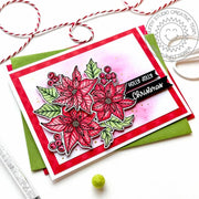 Sunny Studio Red Poinsettia Flowers & Holly Leaves Jolly Holiday Card using Classy Christmas Clear Craft Stamps