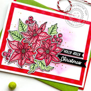Sunny Studio Red Poinsettia Flowers Holly Jolly Christmas Card using Build-a-Greeting Holidays Clear Sentiment Craft Stamps