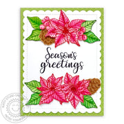 Sunny Studio Season's Greetings Watercolor Poinsettia, Pinecones & Berries Holiday Card using Classy Christmas Clear Stamps