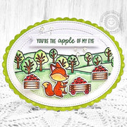 Sunny Studio You're the Apple of My Eye Fox in Orchard Oval Shaped Handmade Card using Country Scenes 4x6 Clear Craft Stamps