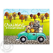 Sunny Studio Cruising Critters in Car Autumn Fall Birthday Card using Sprawling Surfaces Cobblestone Clear Craft Stamps