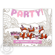 "Happy Fashionably Late" belated birthday greeting card with fox critters and “PARTY!” balloon banner.