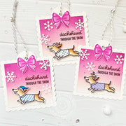 Pink scalloped square holiday Christmas Gift Tags featuring "dachshund through the snow" pun & weiner dogs wearing sweaters.