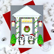 Sunny Studio Stamps Penguins Outside Decorated Holiday Home Christmas Card using Distinctive Door Metal Cutting Craft Dies