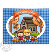 Sunny Studio Girl & Boy Pulling Wagon with Autumn Pumpkins DIY Handmade Fall Card using Fall Kiddos 4x6 Clear Craft Stamps