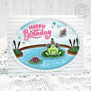 Sunny Studio Frog on Lily Pad in Pond Handmade DIY Scalloped Birthday Card using Feeling Froggy 2x3 Clear Photopolymer Stamps