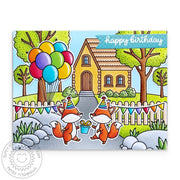Sunny Studio Fox Critters House Birthday Party Scene with Balloons Handmade Card using Floating By 2x3 Clear Craft Stamps