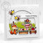 Sunny Studio Fox with Bumblebees, Flowers, Wagon, & Watering Can DIY Birthday Card using Garden Critters Clear Craft Stamps
