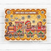 Sunny Studio Gingerbread Girl & Man Cookie Train Scalloped Handmade Christmas Card using Holiday Express Clear Craft Stamps
