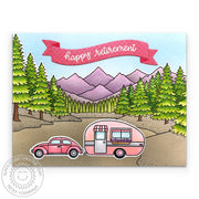 Sunny Studio Car Pulling Retro Pink Trailer Outdoor Scene Handmade Retirement Card using Happy Camper 2x3 Clear Craft Stamps