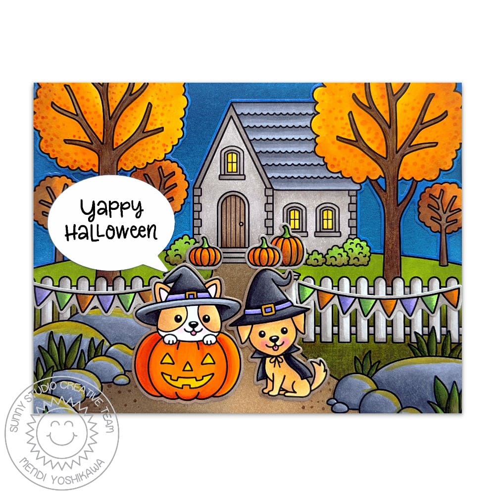 Sunny Studio Dogs Trick-or-Treating in Neighborhood Handmade Halloween Night Card using Happy Howl-o-ween Clear Craft Stamps