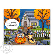 Sunny Studio Dogs Trick-or-Treating in Neighborhood Handmade Halloween Night Card using Happy Howl-o-ween Clear Craft Stamps