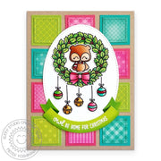 Sunny Studio Stamps Owl in Wreath with Hanging Ornaments Handmade Holiday Christmas Card using Brilliant Banner 4 Craft Die