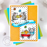 Sunny Studio Fall Mouse, Pumpkins & Wagon Warm Wishes Scalloped Handmade Autumn Card using Harvest Mice Clear Craft Stamps