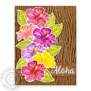 Sunny Studio Stamps Tropical Hibiscus Flowers Floral Wood Embossed Summer Handmade Card using Woodgrain 6x6 Embossing Folder