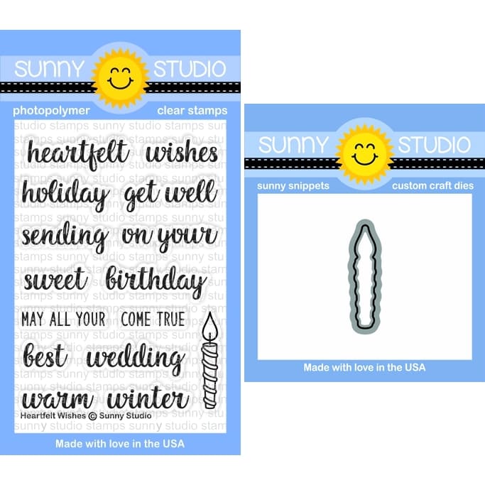 Sunny Studio Heartfelt Wishes Sentiments & Greetings 3x4 Clear Craft Stamps & Candle Metal Cutting Die