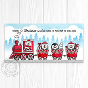 Sunny Studio Polar Bear & Penguins Christmas From the Whole Gang Slimline Train Card using Holiday Express Clear Craft Stamps