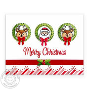 Sunny Studio Santa Claus & Reindeer Peeking in Wreath DIY Holiday Christmas Card using Holiday Express 4x6 Clear Craft Stamps