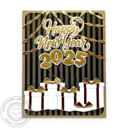 Sunny Studio Black & Metallic Gold Streamers, Balloons & Gifts Happy New Year Card using Holiday Greetings Clear Craft Stamps