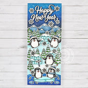 Sunny Studio Navy, Blue, & White Penguin Happy New Year Winter Slimline Card using Holiday Greetings Clear Sentiment Stamps