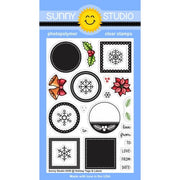 Sunny Studio Holiday Tags & Labels Christmas Square & Circle Clear Craft Stamps with Holly, Poinsettia, Bells, and Snowflakes