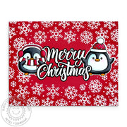 Sunny Studio Roly Poly Penguins Red & White Snowflake Handmade Christmas Card using Holiday Tags & Labels Clear Craft Stamps