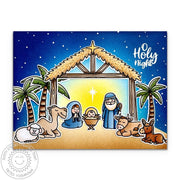 Sunny Studio Baby Jesus & Animals with Stable, Palm Trees & Star Nativity Christmas Card using Sending Sunshine Clear Stamps