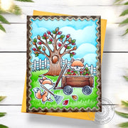 Sunny Studio Stamps Fox with Wagon, Rake & Falling Leaves Handmade Autumn Card using Icing Rectangle Frame Metal Craft Dies
