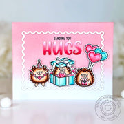 Sunny Studio Sending Hugs Hedgehog Popping out of Gift with Pink Balloons Birthday Card using Quill Cuties Clear Craft Stamps