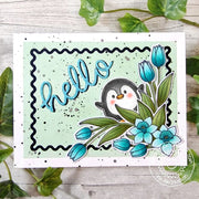 Sunny Studio Turquoise Teal Tulip Flowers with Penguin Spring Hello Card using Penguin Pair 3x4 Clear Craft Stamps